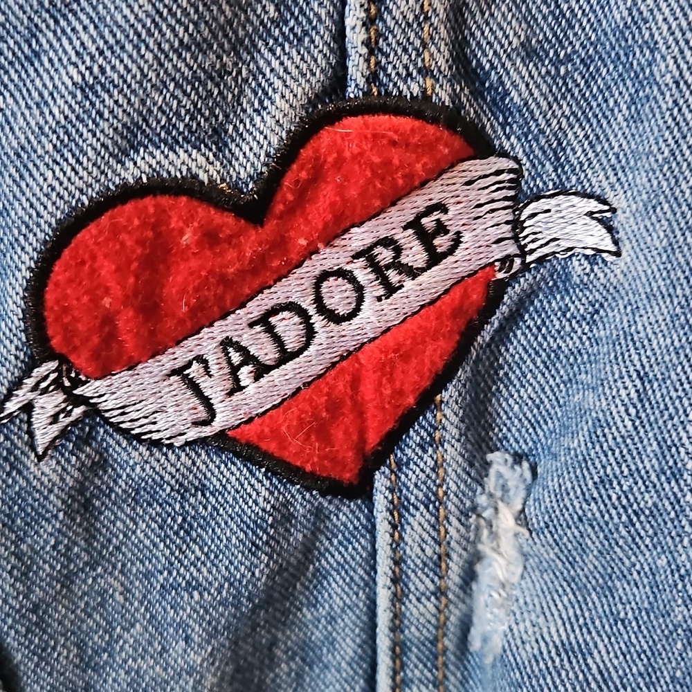 Hand Crafted Upcycled Rock Music Jean Jacket Vintage Embordery Patchwork Size S - Picture 10 of 17